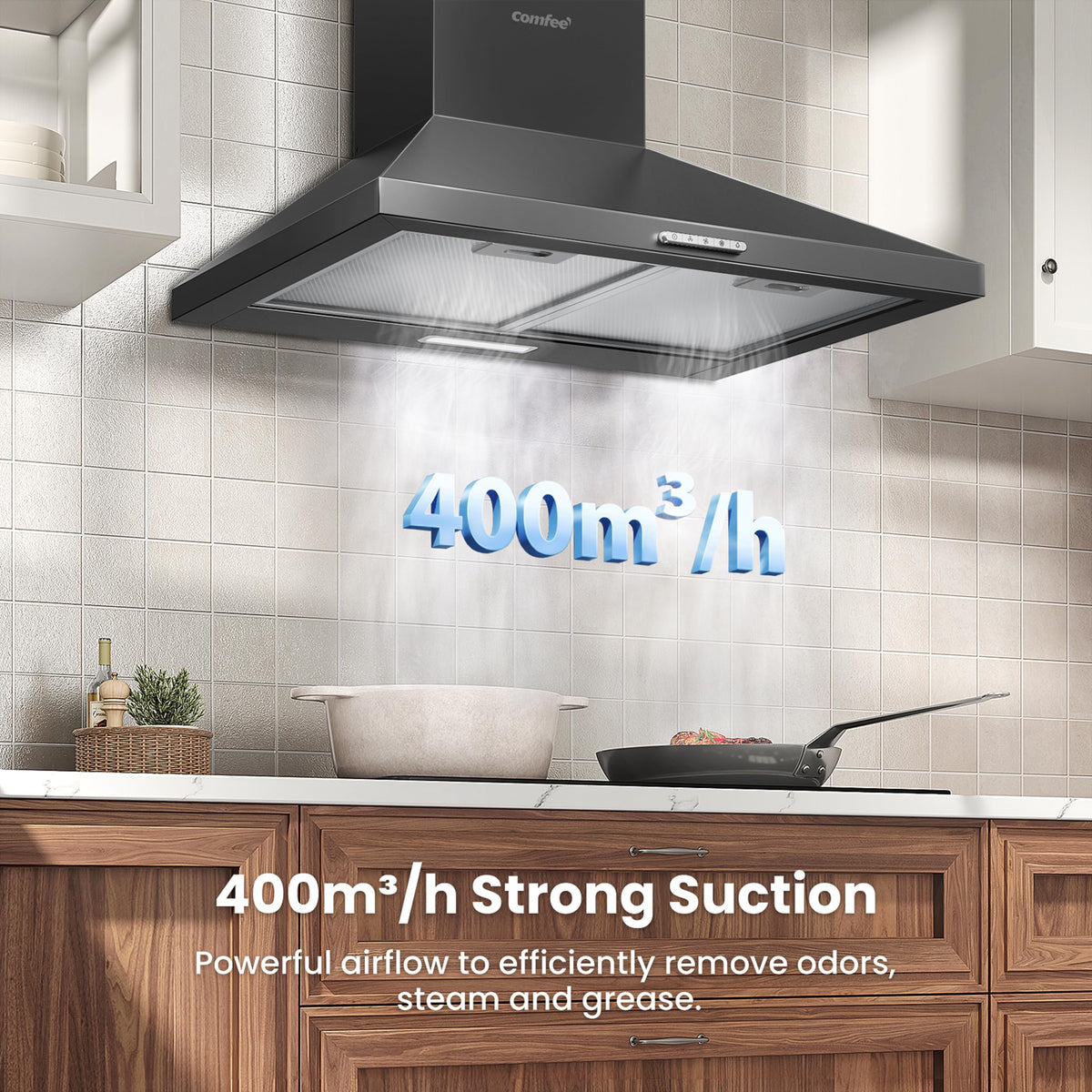 COMFEE' 90cm Chimney Cooker Hood, Class A++ Wall Mounted Kitchen Extractor