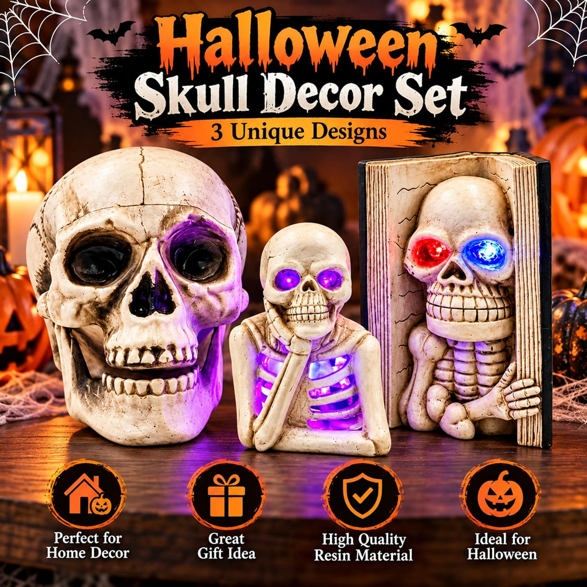 Skull Halloween Decorations Set – 3-Piece Skeleton Halloween Ornaments Collection - Large Skull, Thinking Skeleton & Skeleton Bookend for Halloween Table Decorations, Shelf, Desk & Displays