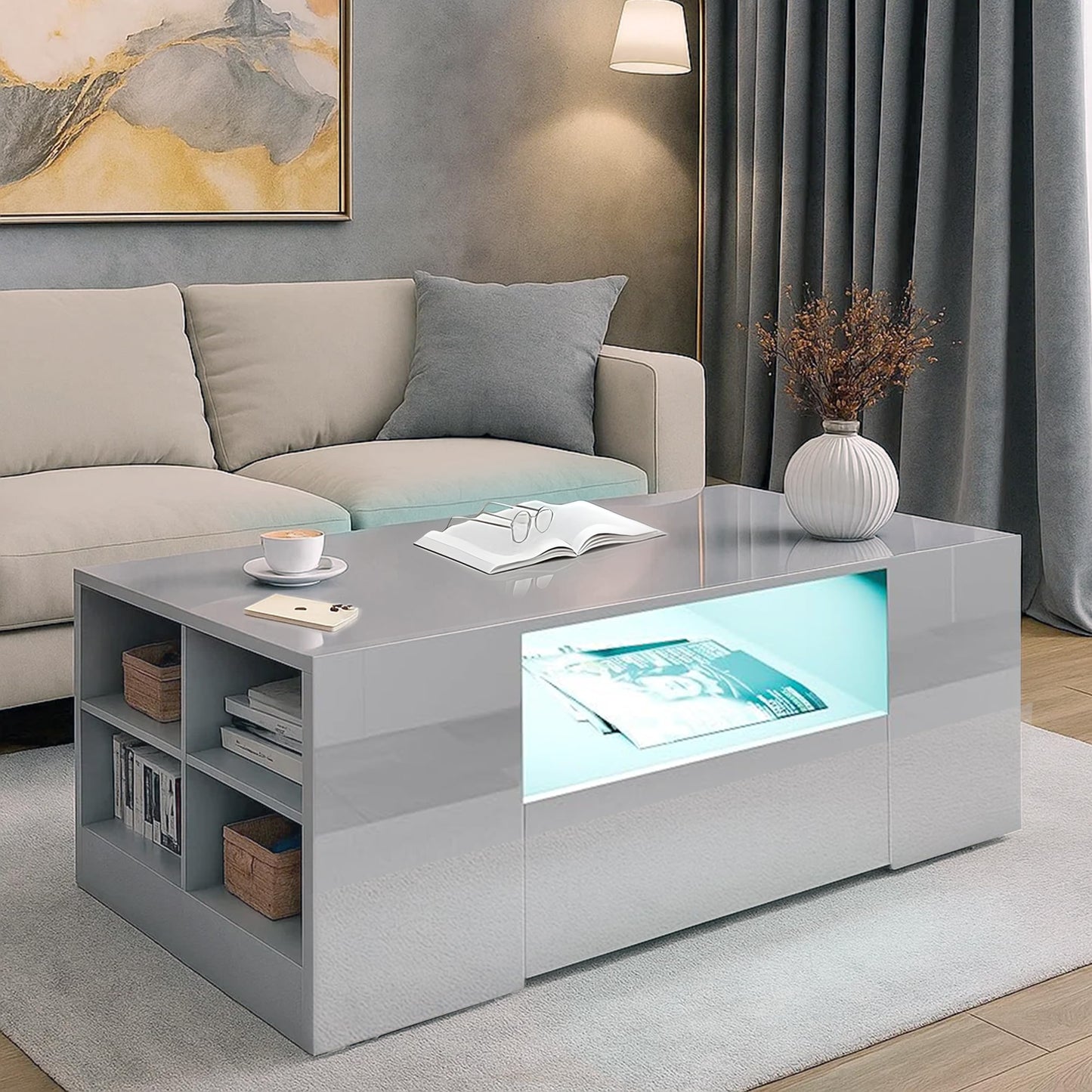 Blisswood Led Coffee Table with 2 Drawer Storage, High Gloss Coffee Table for Living Room Wooden Centre Table with RGB Led Lights Rectangle Tea Table for Living Room Furniture, Black