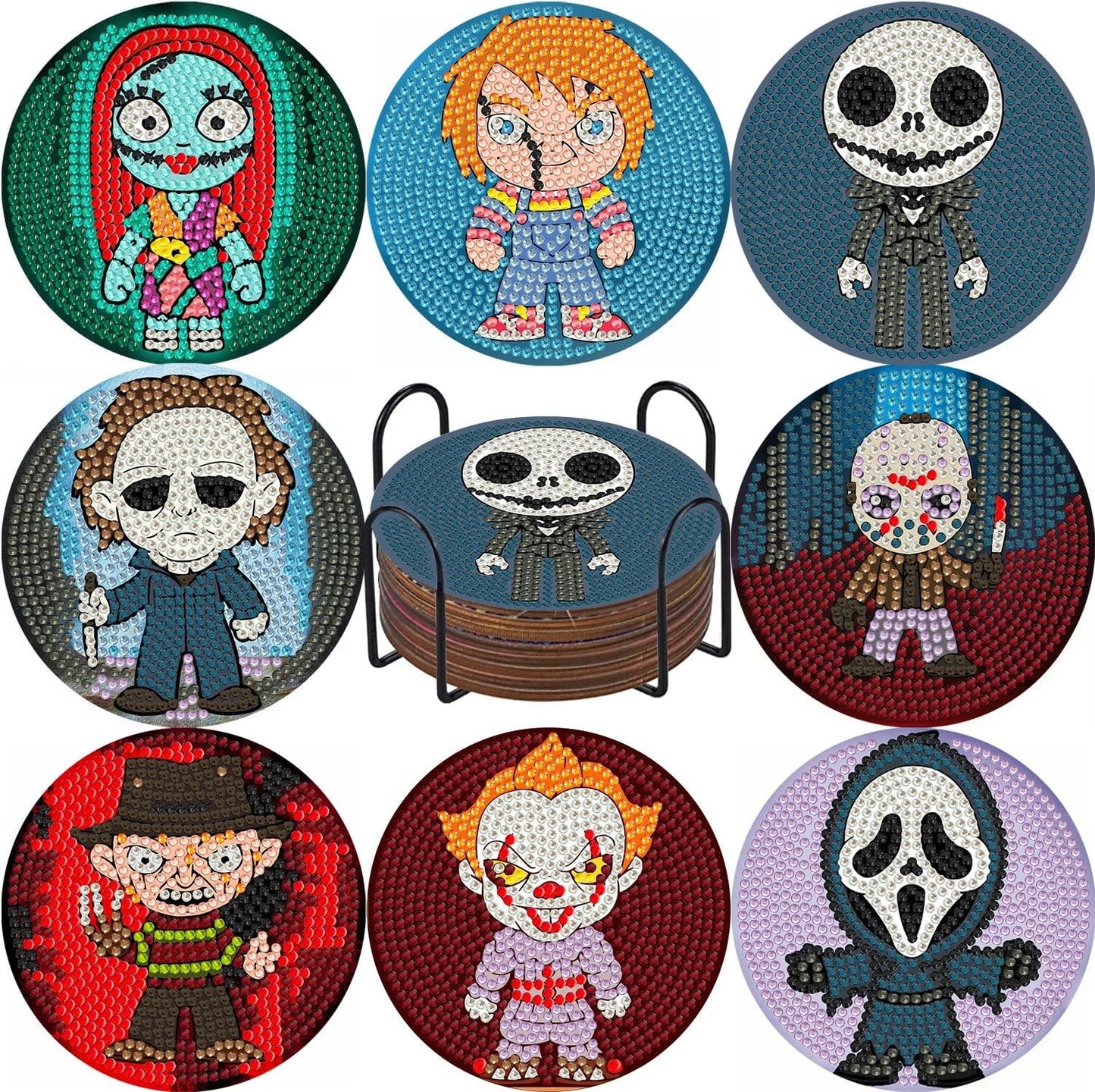 8Pcs Diamond Painting Coasters with Holder,DIY Cocktail Life Coaster Diamond Art Kits for Adults Kids,Beginners Round Full Drill Diamonds Art Craft Supplies