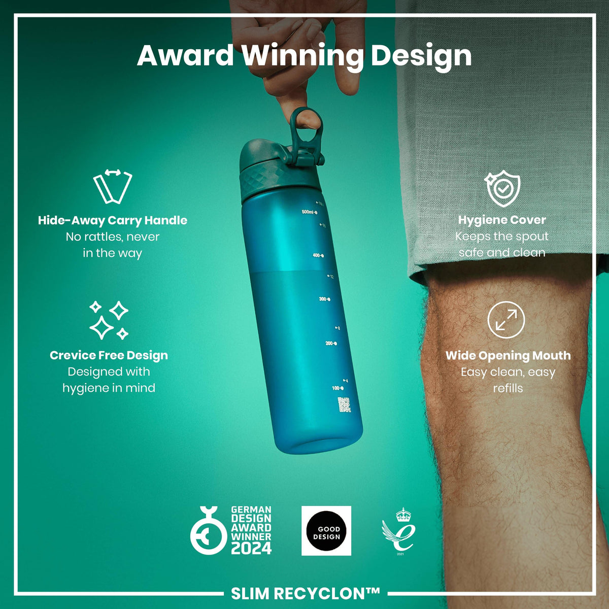 Ion8 Water Bottle, 500 ml/18 oz, Leak Proof, Easy to Open, Secure Lock, Dishwasher Safe, Hygienic Flip Cover, Carry Handle, Fits Cup Holders, Easy Clean, Hot Pink