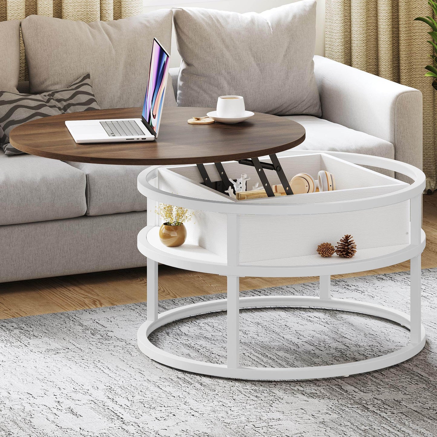 YITAHOME Coffee Table with Lift Top, lift up Coffee Table Round with Hidden Storage Compartment, 60x60x47cm