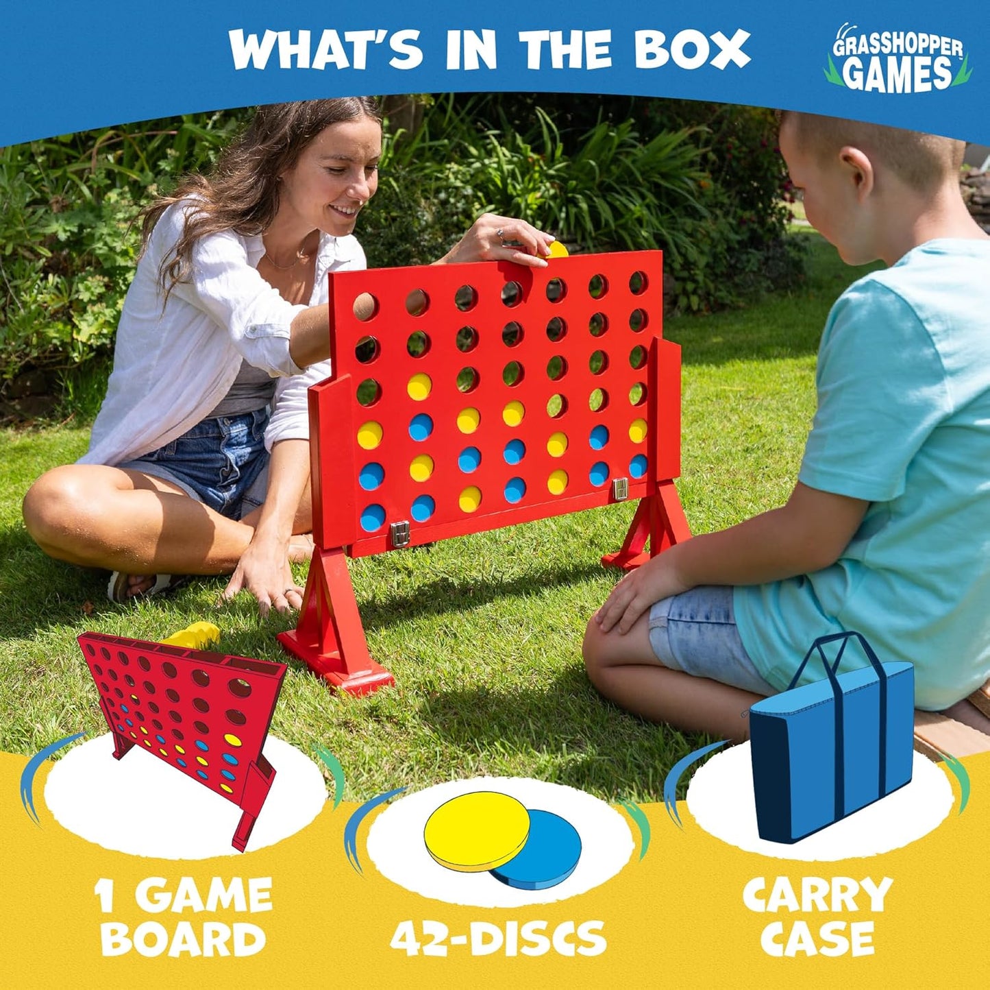 Grasshopper Games | 4 in Row, 46 Discs and Carry Bag, Classic Four in a Line Game, Outdoor Family Game for Kids and Adults