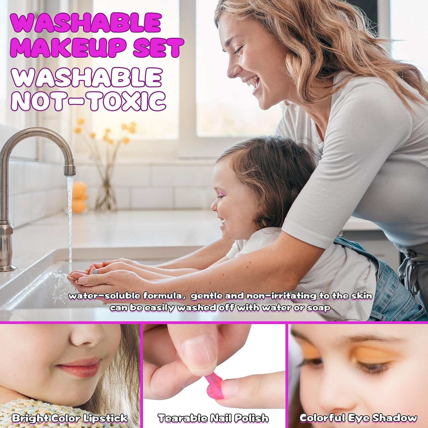 54 Pcs Kids Makeup Kits for Little Girls, Non-Toxic and Safe, Princess Real Washable Pretend Play Cosmetic Set Toys with Mirror, Birthday Gifts for 3 4 5 6 7 8 9 10-12 Years Old Girls Kids