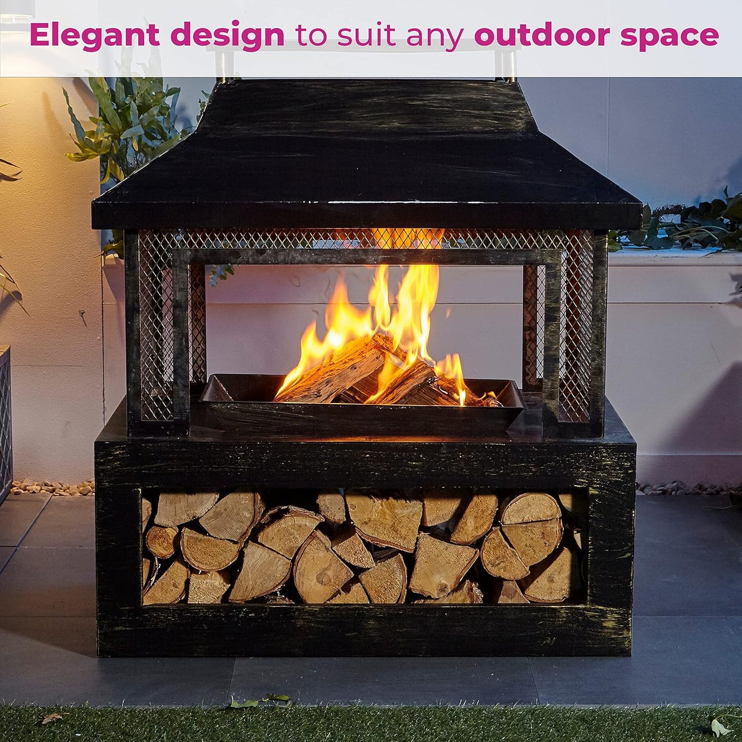 Neo Black Steel Outdoor Garden Log Burner Burning Fire Pit Chiminea Heater Stove Mesh Surround Storage