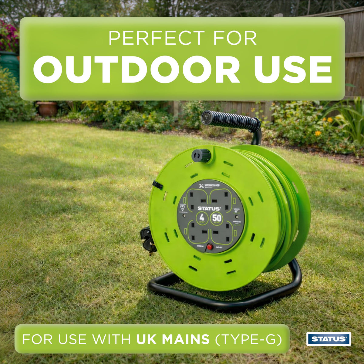 IONOS 2 Socket Cable Reel, 10m Outdoor Garden Extension Lead, DIY