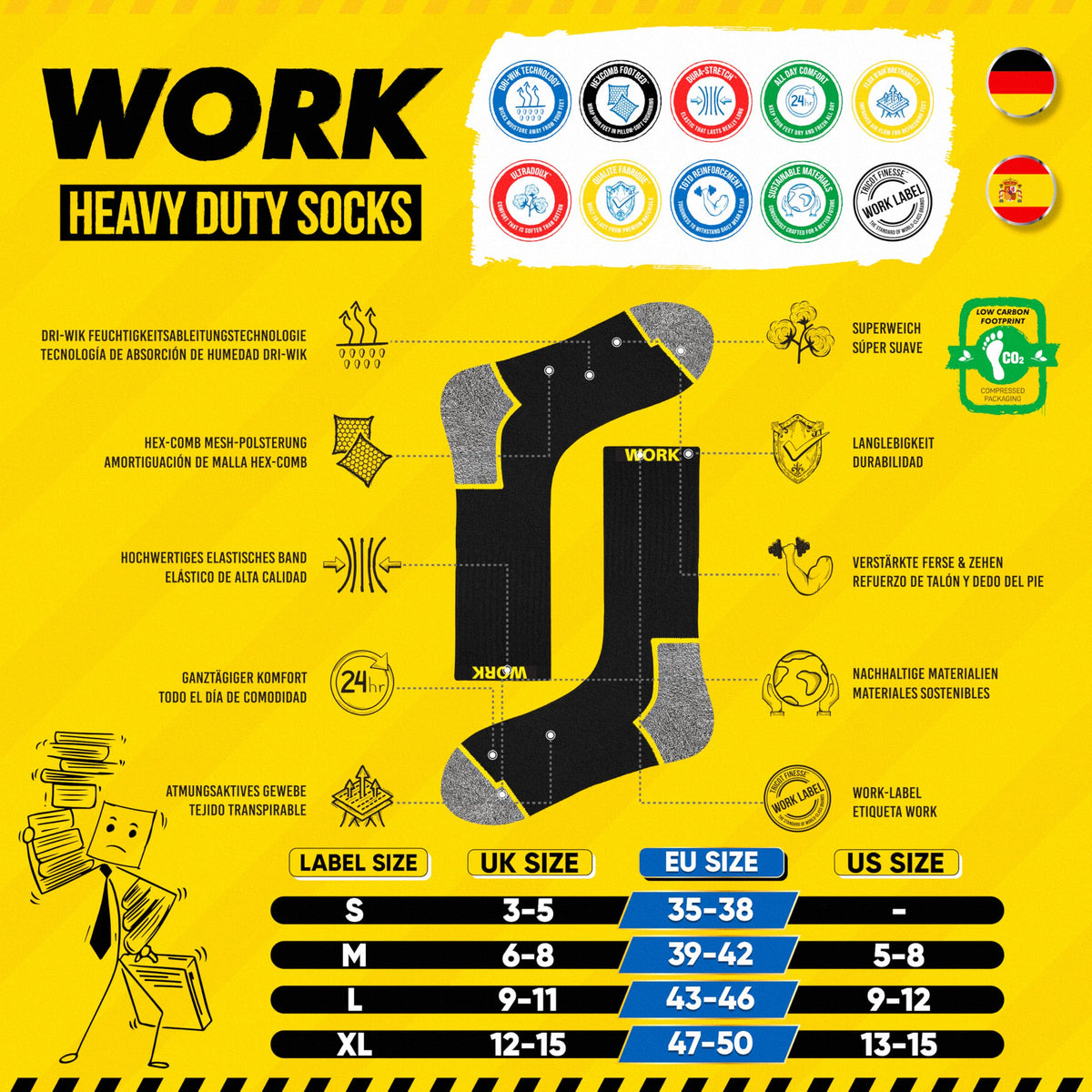 SOXCO 10 Pairs Men’s Work Socks, Black Crew Length | DRI-WIK Moisture Management Technology | Super Soft Cushioned Footbed | Reinforced Heel & Toe | Dura-Stretch Elastane | Pack of 6 or 10 Pairs