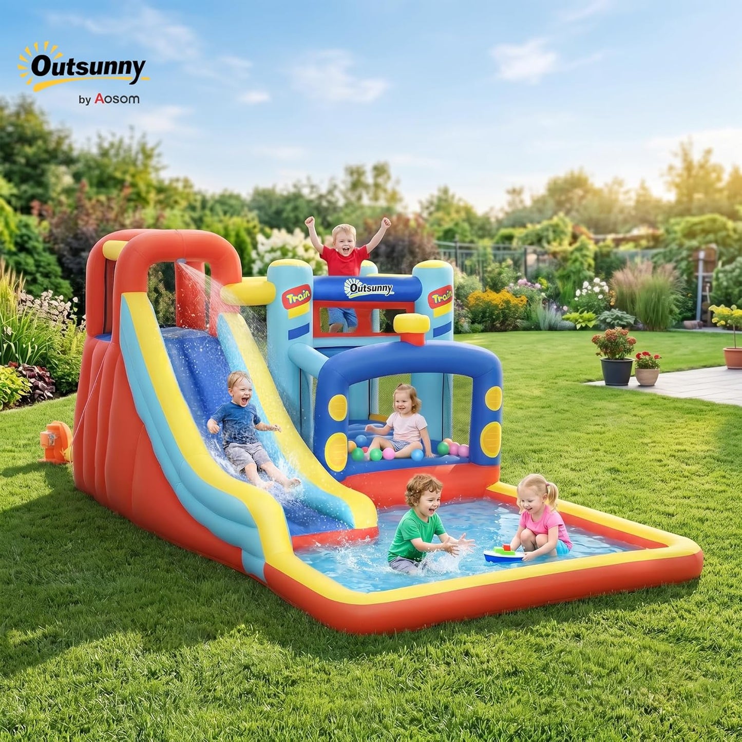 Outsunny 4-in-1 Kids Inflatable Bouncy Castle with Water Slide, Trampoline & Climbing Wall — Ages 3-8