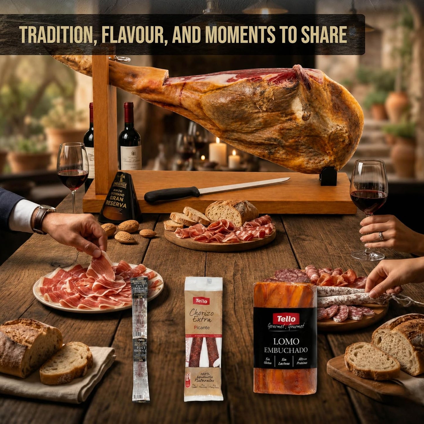 Montevalle Gran Reserva Serrano Ham Whole Leg | 7-8kg Slow Cured for 20 Months | Professional Set with Stand and Knife | Gourmet Gift Hamper Including Chorizo, Lomo, and Fuet for Spanish Tapas