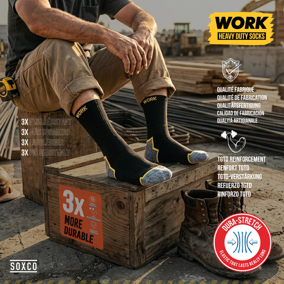 SOXCO 10 Pairs Men’s Work Socks, Black Crew Length | DRI-WIK Moisture Management Technology | Super Soft Cushioned Footbed | Reinforced Heel & Toe | Dura-Stretch Elastane | Pack of 6 or 10 Pairs