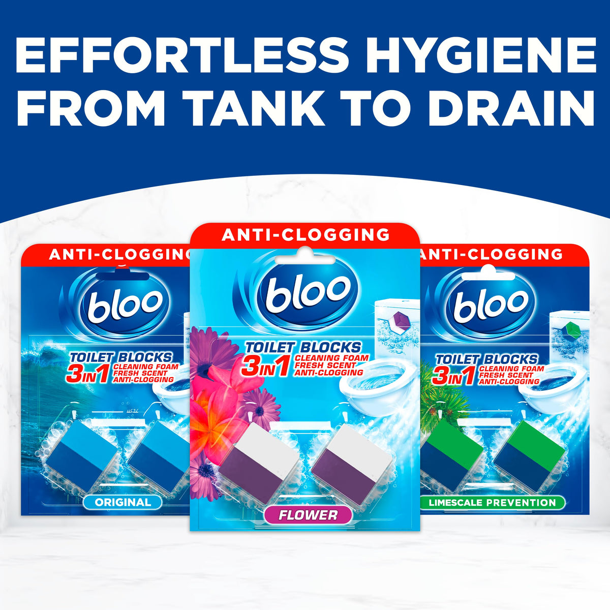 Bloo New 3in1 Toilet Blocks, Pack of 2, Toilet Limescale Remover Cistern Block, Toilet Cleaner Block with Cleaning and Foaming Action, Toilet Fresheners - Limescale Prevention