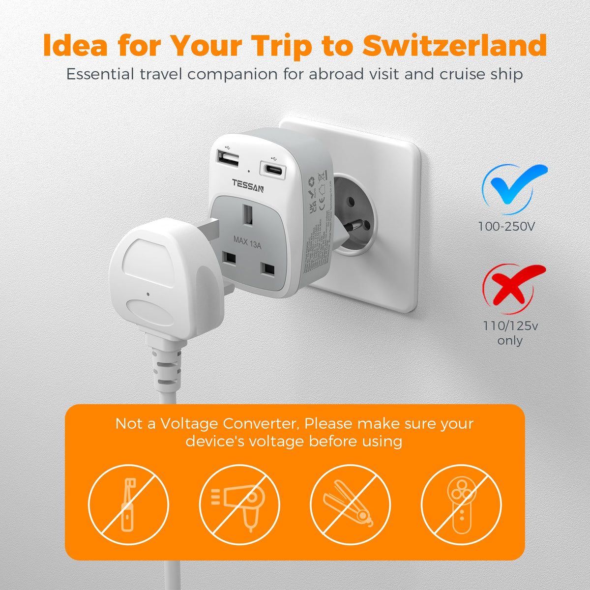 TESSAN UK to South Africa Plug Adapter, Type M Travel Adaptor with USB C