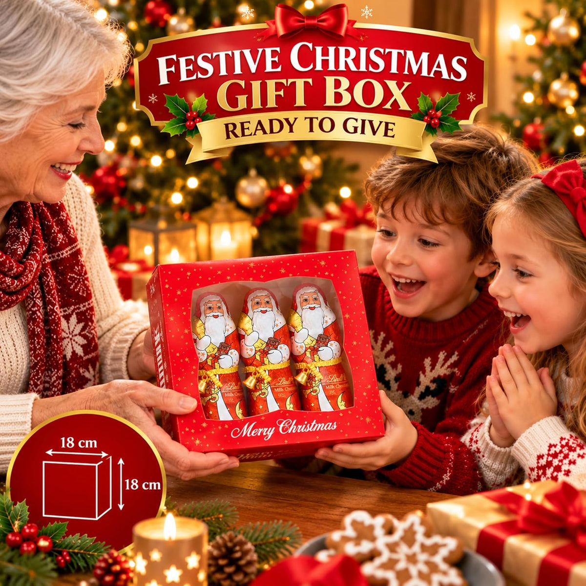 Santa Lindt Chocolates Gift Box for Stocking Fillers - Festive 3 x 125g Santa Claus Chocolate Figures with Gold Bells, Christmas Chocolate. Great Christmas Gift for Kids
