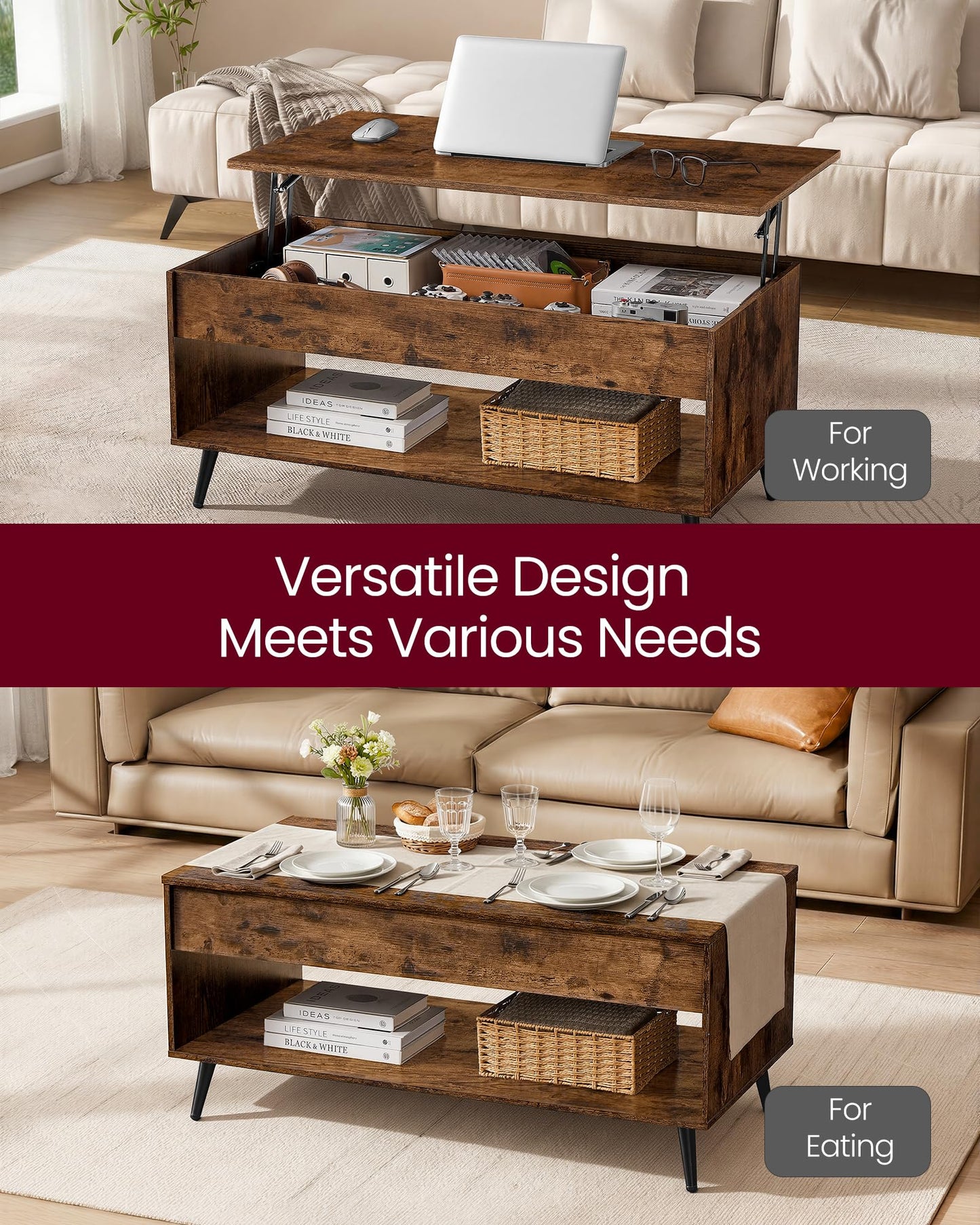 VASAGLE Lift Top Coffee Table, Lift Tabletop Dining Table, Gas Spring, Hidden Compartment, Open Storage Shelf, for Living Room, Home Office, Rustic Brown and Matte Black LCT267KD01