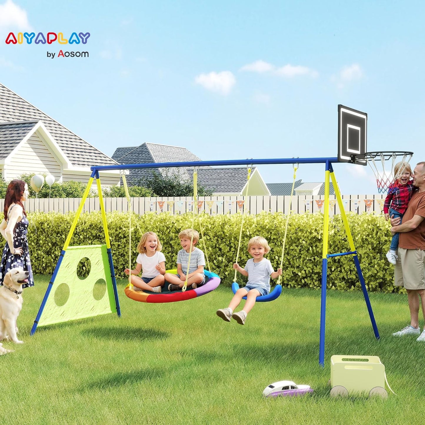 AIYAPLAY 4-in-1 Kids Swing Set with Saucer Swing, Basketball Hoop and Football Goal, Outdoor Playground Playset with Heavy-Duty Metal Frame for Garden, Ages 3-8, Multicolour