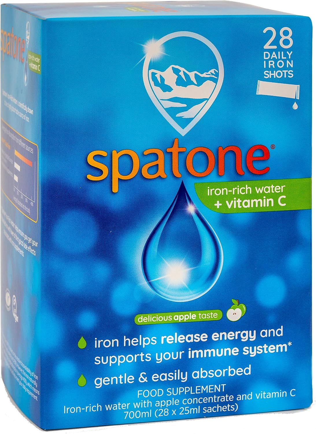 Spatone Natural Iron Supplement + Vitamin C (28 Sachets), Daily Convenient Liquid Iron Sachets, Nothing Artificial, Better Absorption than Tablets, Less Side Effects, Apple Flavour