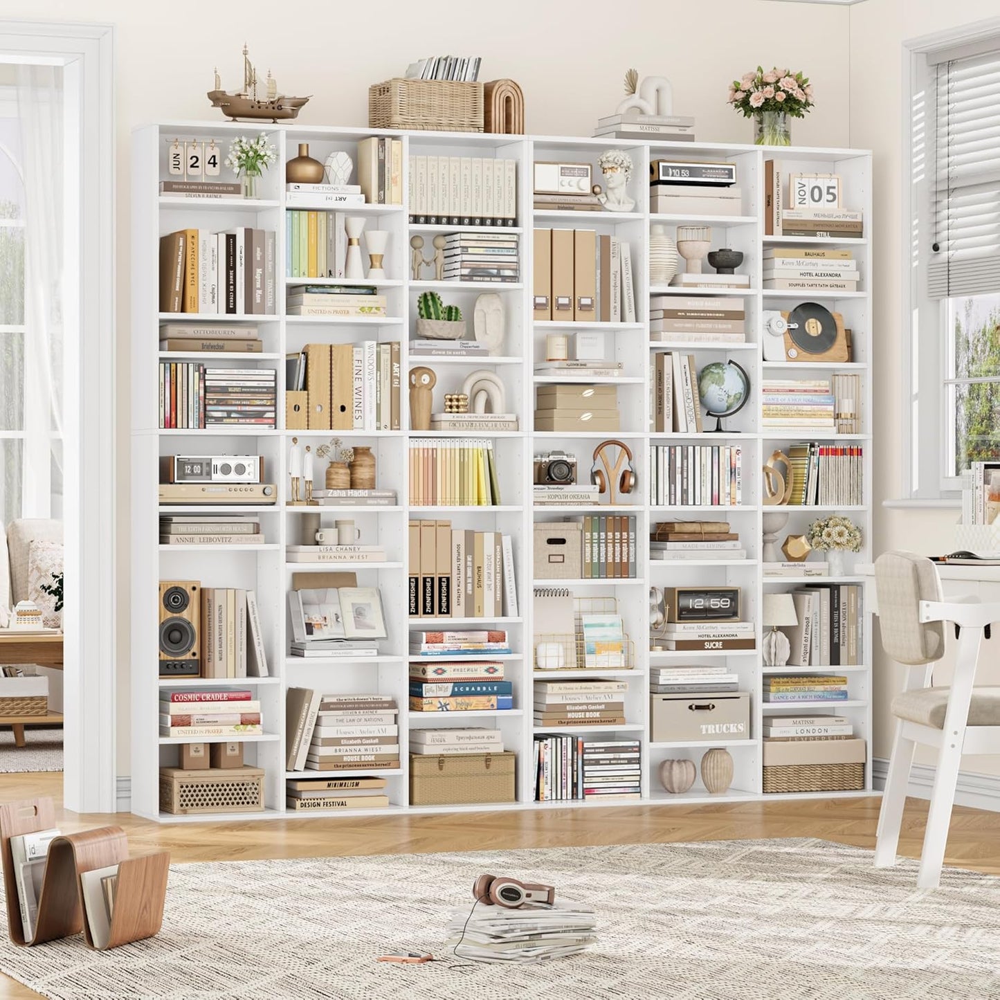 FirFurd Tall Bookcase CD DVD Storage Unit Tower Wooden Display Rack with Adjustble Shelves 27 Storage Compartments White Bookshelf 102.5x23.5x190cm