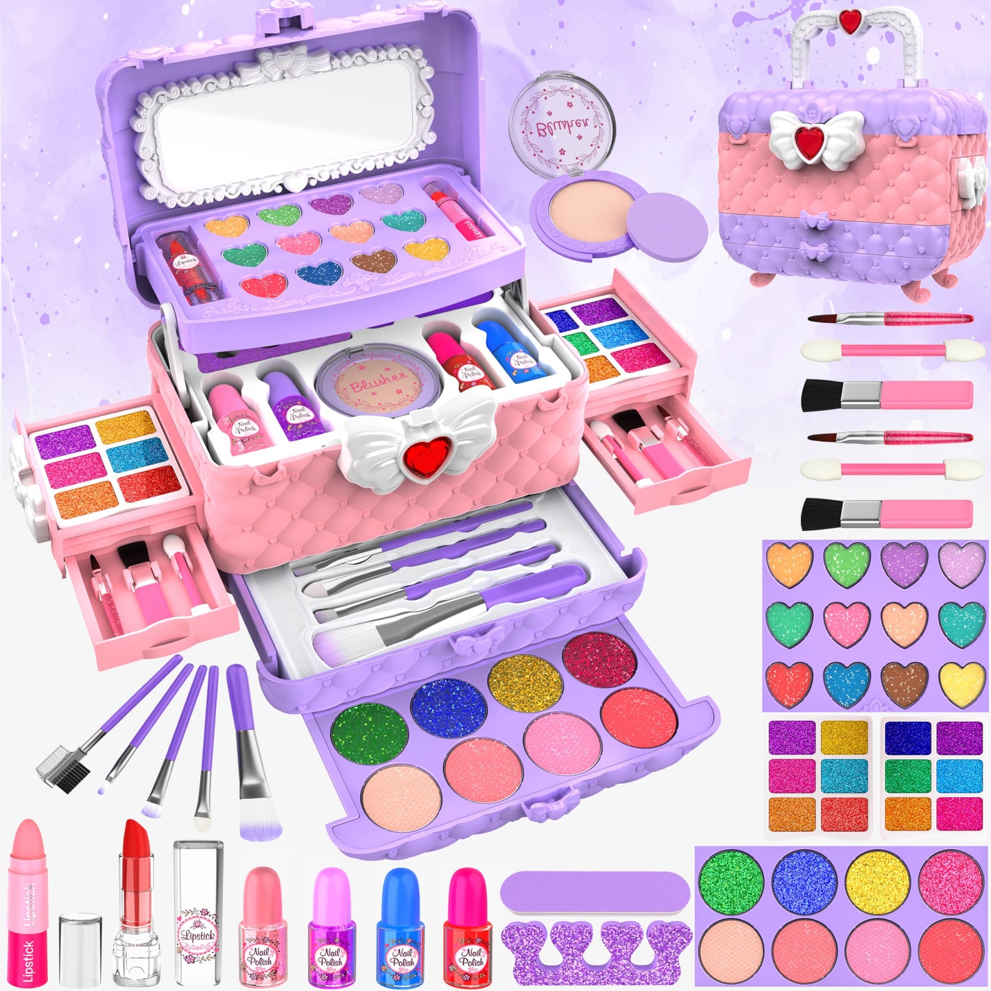 54 Pcs Kids Makeup Kits for Little Girls, Non-Toxic and Safe, Princess Real Washable Pretend Play Cosmetic Set Toys with Mirror, Birthday Gifts for 3 4 5 6 7 8 9 10-12 Years Old Girls Kids