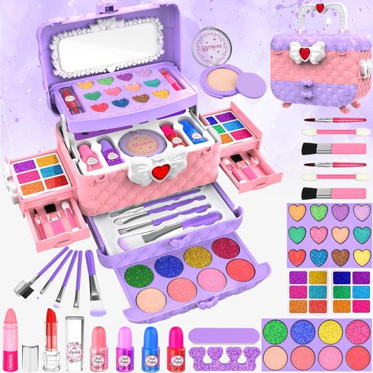 54 Pcs Kids Makeup Kits for Little Girls, Non-Toxic and Safe, Princess Real Washable Pretend Play Cosmetic Set Toys with Mirror, Birthday Gifts for 3 4 5 6 7 8 9 10-12 Years Old Girls Kids