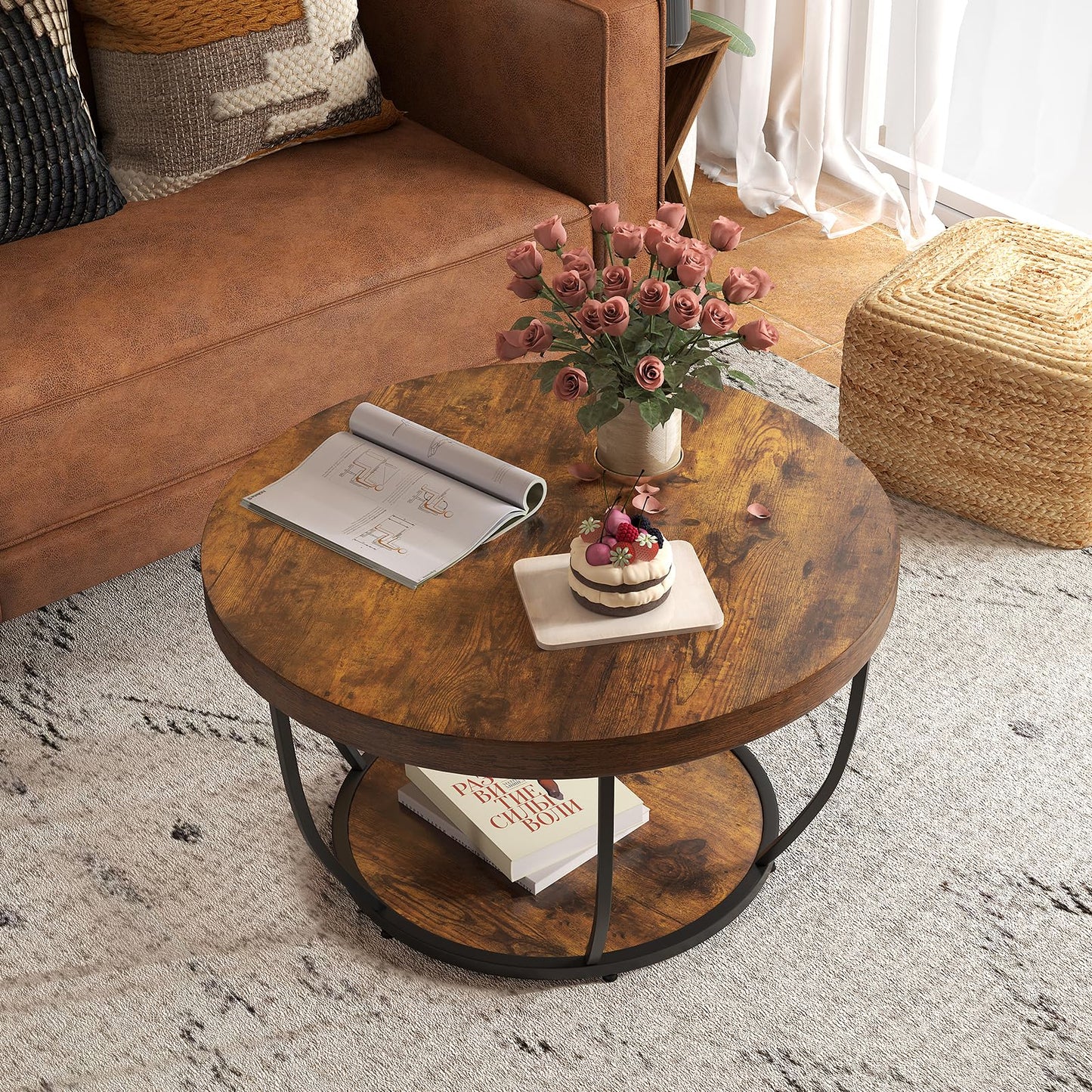COSTWAY 2-Tier Round Coffee Table with Storage Shelf, Metal Frame Industrial Accent Cocktail Center Unit Sofa Side Tea Table for Living Room, Bedroom and Office, 80x80x45cm (Rustic Brown+Black)