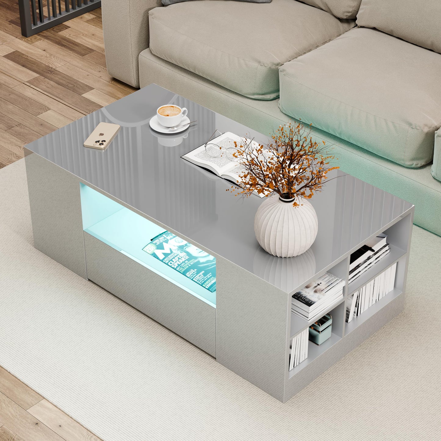 Blisswood Led Coffee Table with 2 Drawer Storage, High Gloss Coffee Table for Living Room Wooden Centre Table with RGB Led Lights Rectangle Tea Table for Living Room Furniture, Black