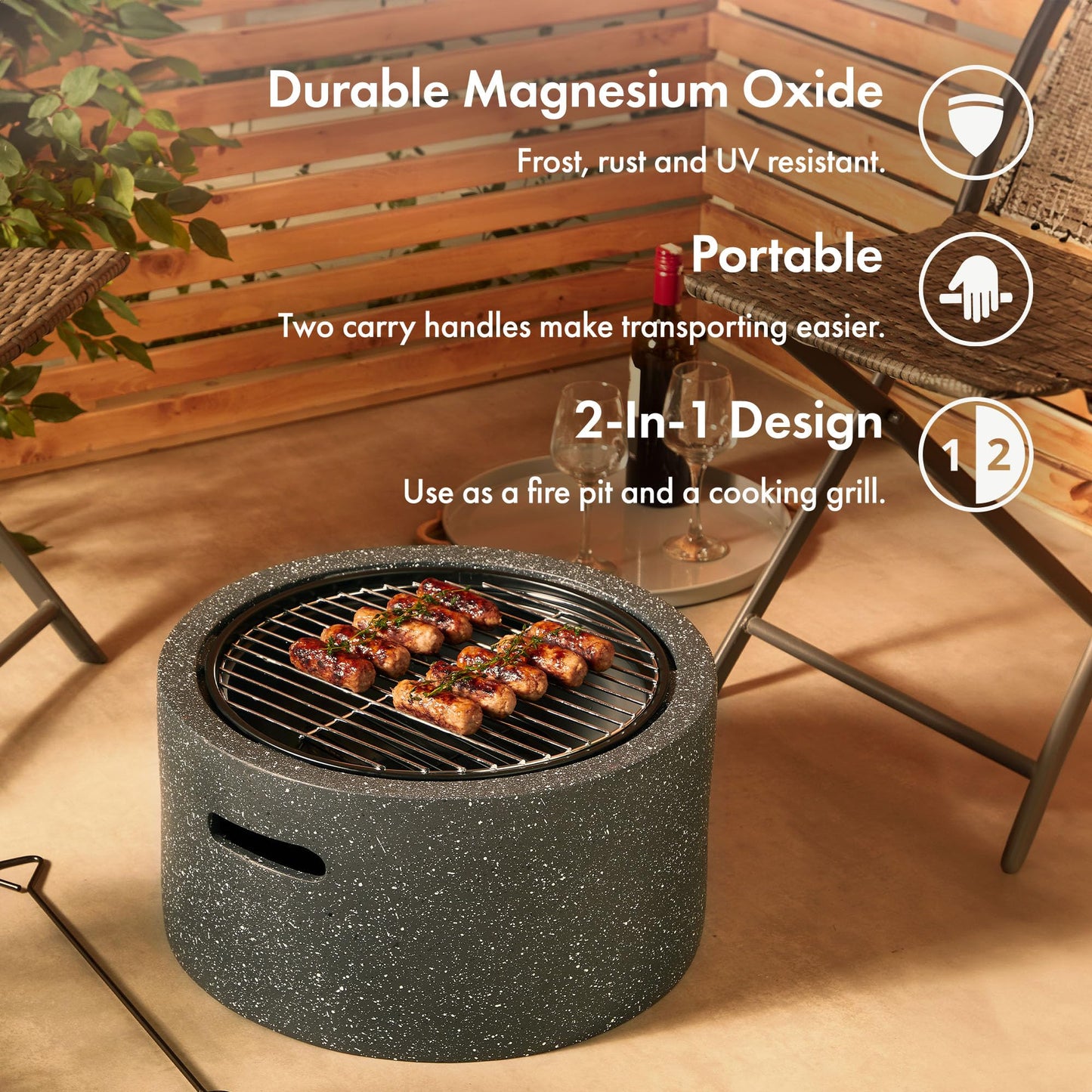 VonHaus Fire Pit – 2 in 1 Firepit with BBQ Cooking Grill for Outdoor, Garden, Patio – MgO Material, Stone Effect Finish, Fire Poker & Mesh Cover Included, Carry Handles – Use Wood or Charcoal to Fuel