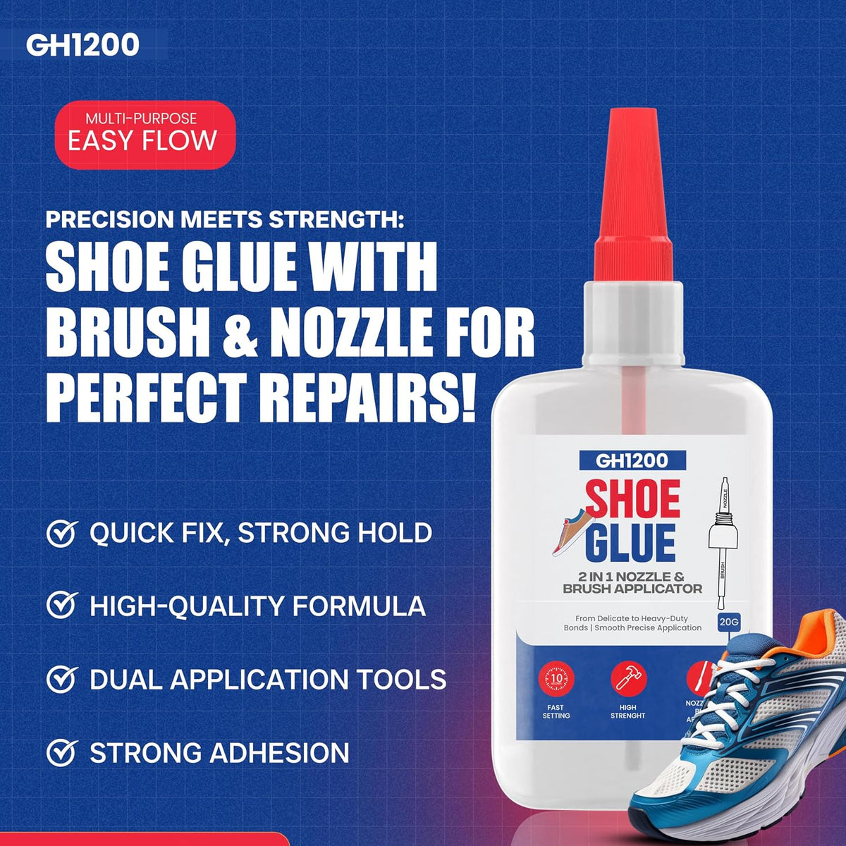 GH1200 (2-IN-1) Shoe Glue Sole Repair Waterproof with Brush Applicator and Nozzle - Clear Drying & Strong Shoe Repair Superglue for shoes - Non-Stiff Repairs, Fixes Sneakers, High Heels, Crocs & More