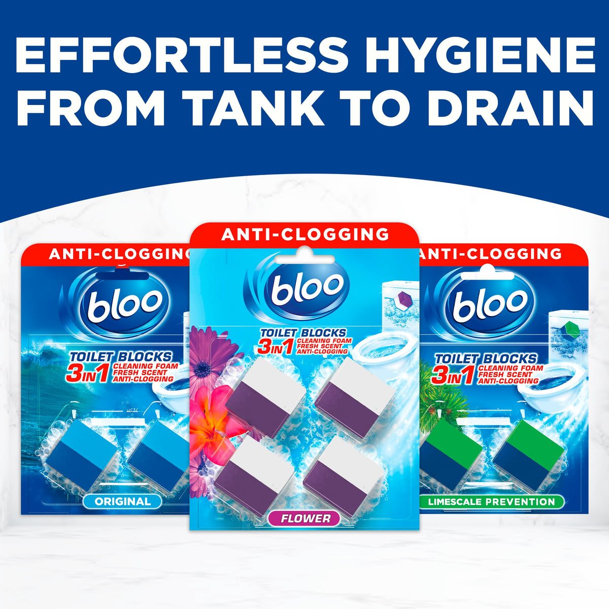 Bloo New 3in1 Toilet Blocks, Pack of 2, Toilet Limescale Remover Cistern Block, Toilet Cleaner Block with Cleaning and Foaming Action, Toilet Fresheners - Limescale Prevention