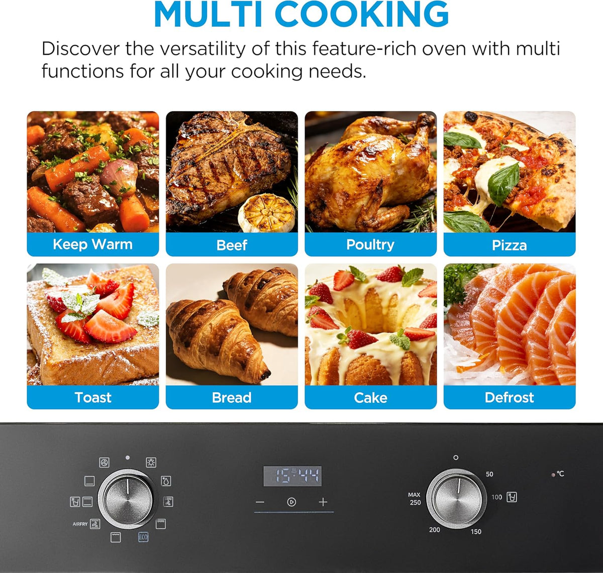 Midea 71L, 60cm Wide, Single Electric Built-in Fan Oven with Air Fry, 12 Oven Functions, Aqua Clean, LED Display, Convection, ECO, MultiLevel Cooking, Color Black - MBO65M90D2-BK