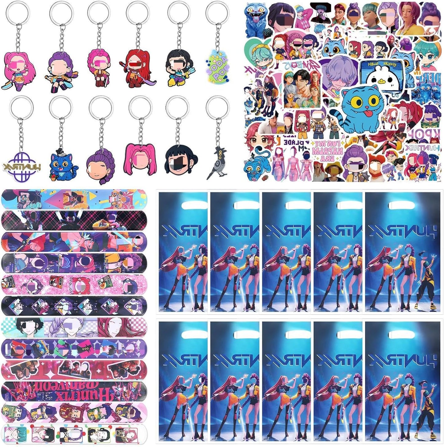 103PCS Kpop Party Bag Fillers, Demon Party Bags Favours Set with Keychains Slap Band Stickers Gift Bags, Birthday Party Supplies Decorations for Boys Girls Fans