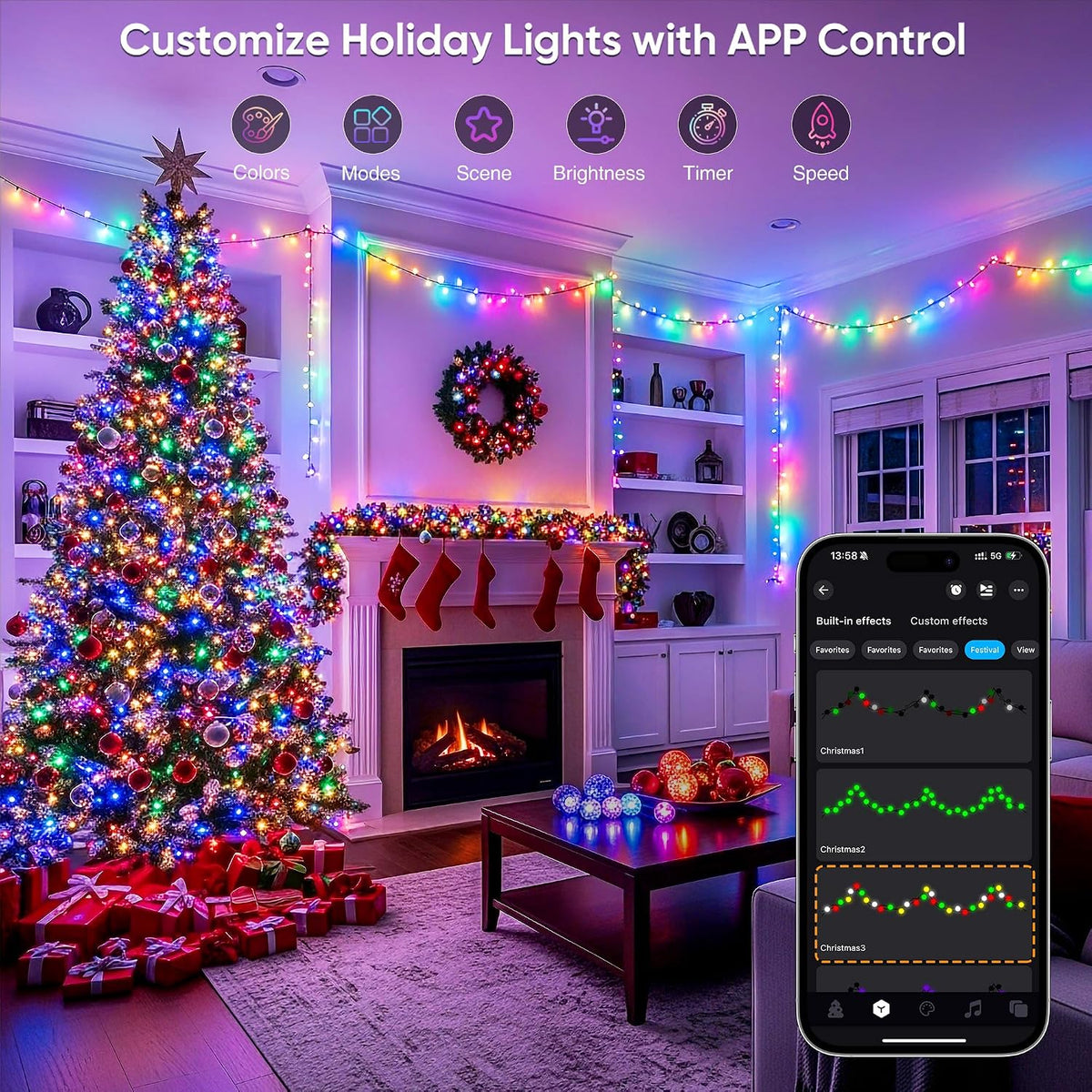 Ollny Smart Outdoor Fairy Lights, 20m 200 LEDs, RGB+W, App Control