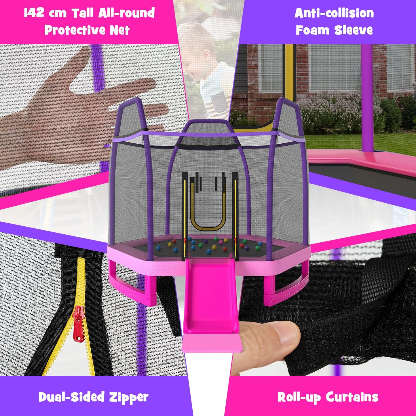 COSTWAY 7ft Kids Trampoline, Hexagonal Trampolines with Slide, Ladder, Safety Enclosure Net and Ocean Balls, Toddler Jumping House for Indoor Outdoor