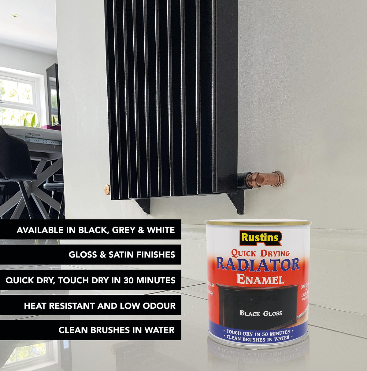RUSTINS Quick Drying Radiator Enamel Satin - Black 500ml – Durable, Long-Lasting Finish for Radiators That Stands the Test of Time