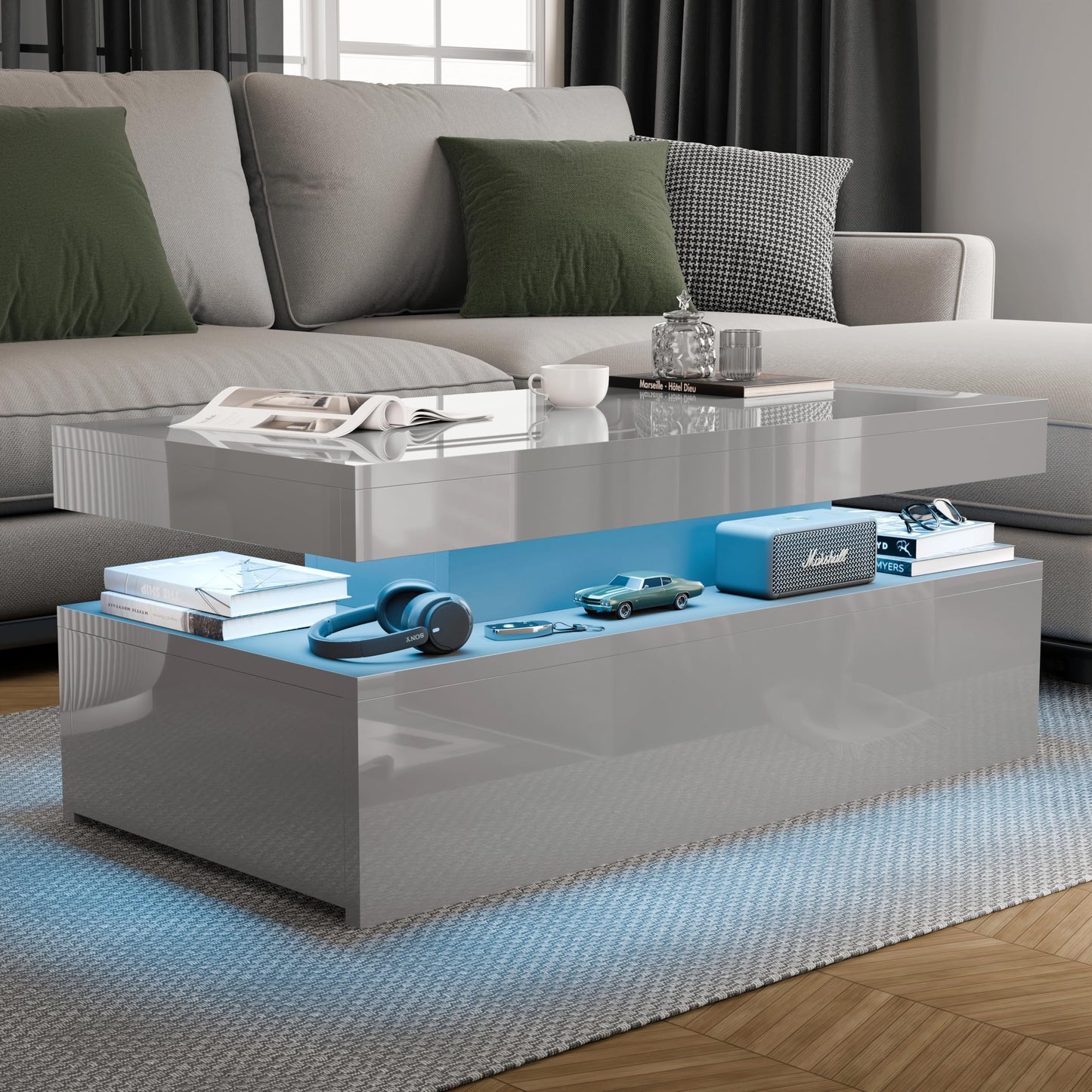 Blisswood High Gloss Coffee Table for Living Room, Rectangle Centre Table with 2 Drawer Storage, Modern Wooden Tea Table with LED RGB Lights for Home, Office & Living Room Furniture - White