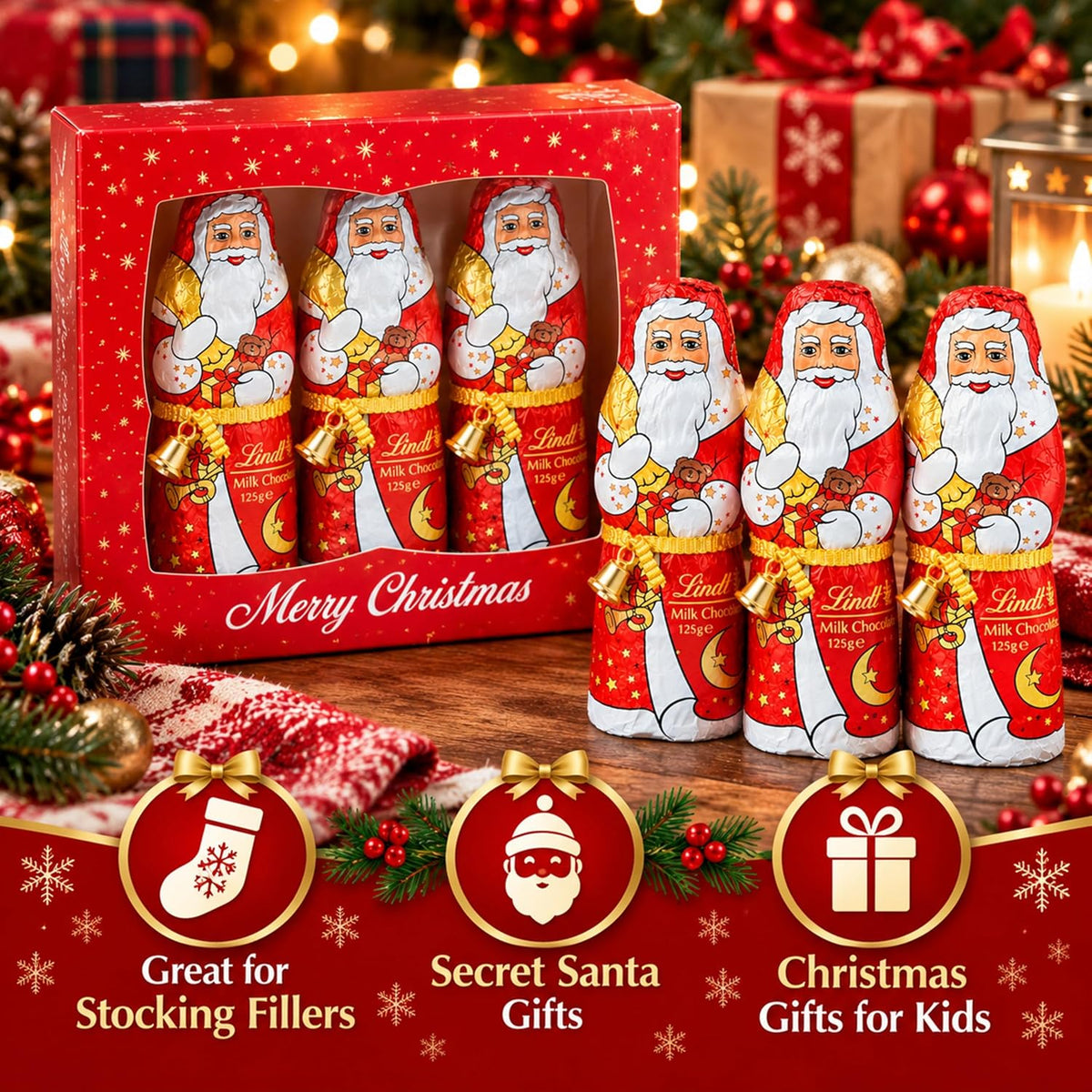 Santa Lindt Chocolates Gift Box for Stocking Fillers - Festive 3 x 125g Santa Claus Chocolate Figures with Gold Bells, Christmas Chocolate. Great Christmas Gift for Kids