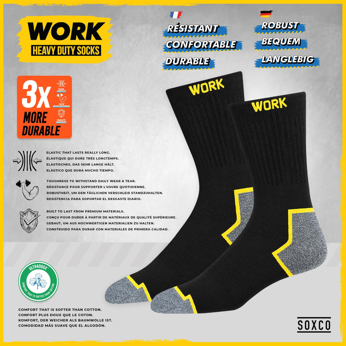 SOXCO 10 Pairs Men’s Work Socks, Black Crew Length | DRI-WIK Moisture Management Technology | Super Soft Cushioned Footbed | Reinforced Heel & Toe | Dura-Stretch Elastane | Pack of 6 or 10 Pairs