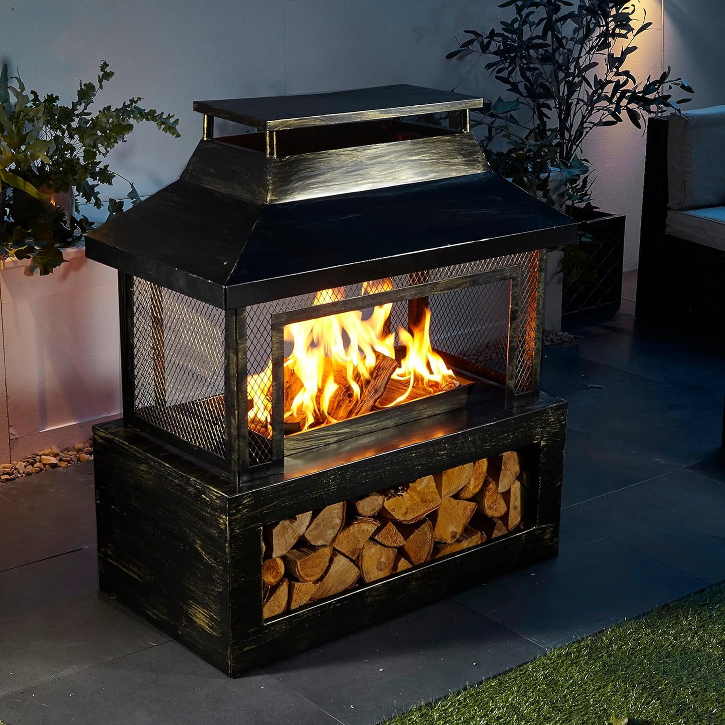 Neo Black Steel Outdoor Garden Log Burner Burning Fire Pit Chiminea Heater Stove Mesh Surround Storage