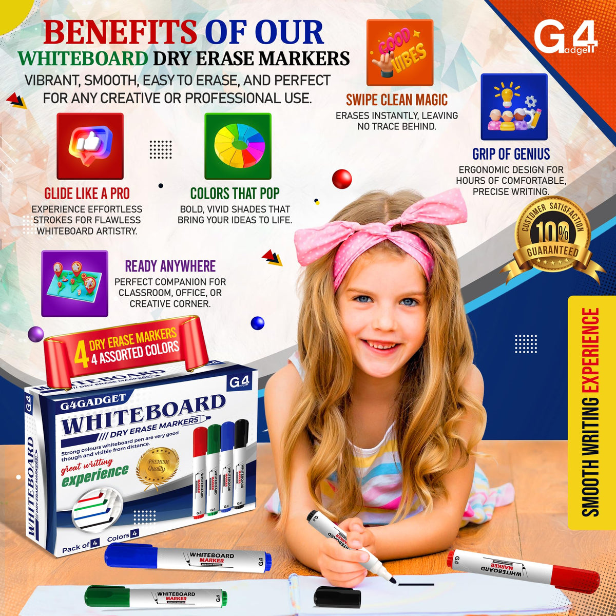G4GADGET Nice Style Pack of 10 Non-Toxic Ink Black Colour Whiteboard Dry Wipe Marker Pens Bullet Tip