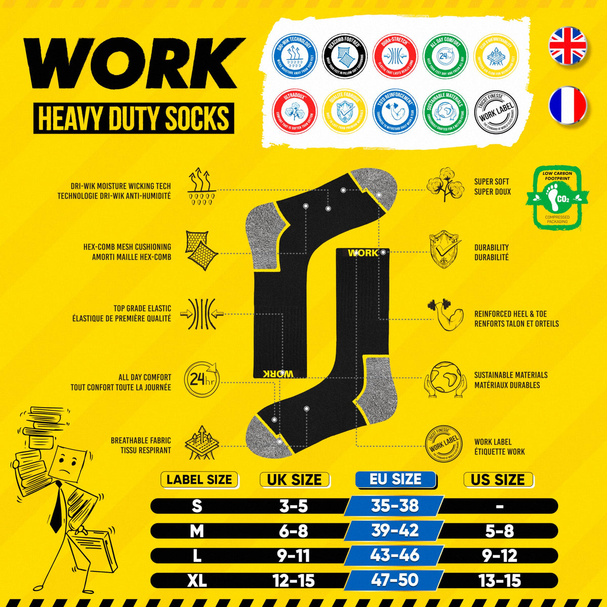 SOXCO 10 Pairs Men’s Work Socks, Black Crew Length | DRI-WIK Moisture Management Technology | Super Soft Cushioned Footbed | Reinforced Heel & Toe | Dura-Stretch Elastane | Pack of 6 or 10 Pairs