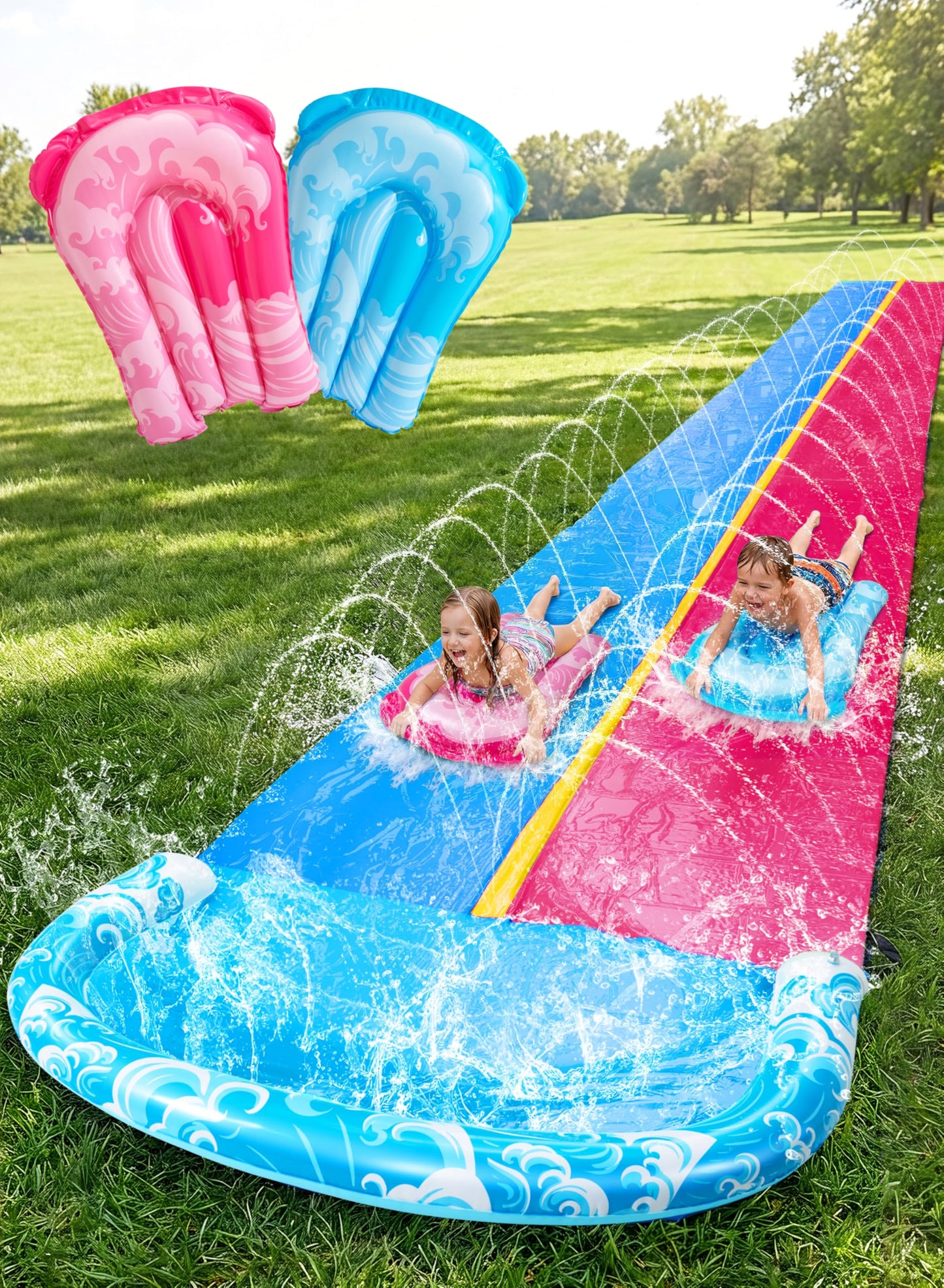 JOYIN 685cm Water Slides and 2 Bodyboards, Lawn Waterslides Summer Water Toy with Build in Sprinkler for Backyard Outdoor Water Fun for Kids Adults