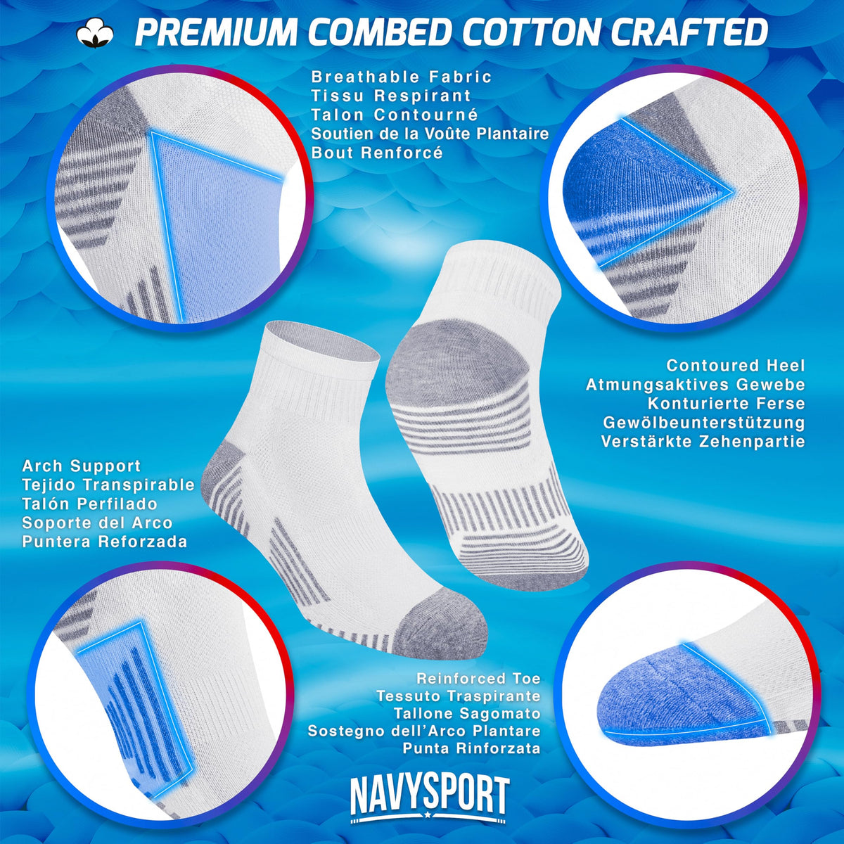 NAVYSPORT Men's Cotton Sports Socks, Pack of 6 Pairs