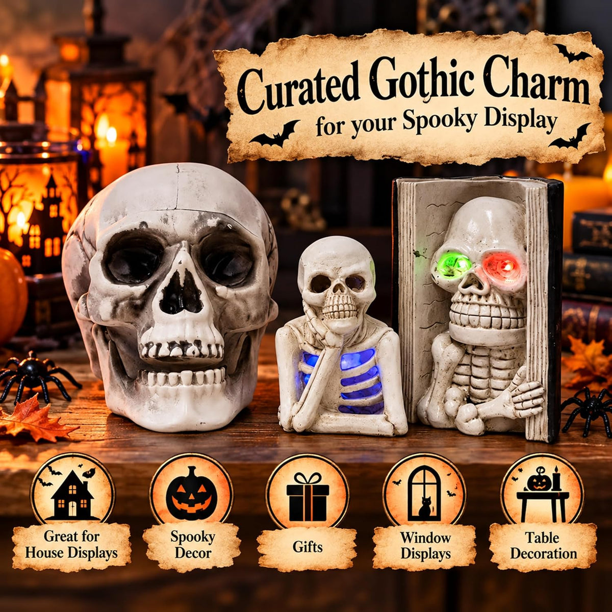 Skull Halloween Decorations Set – 3-Piece Skeleton Halloween Ornaments Collection - Large Skull, Thinking Skeleton & Skeleton Bookend for Halloween Table Decorations, Shelf, Desk & Displays