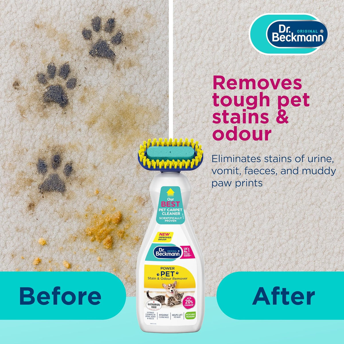 Dr. Beckmann Pet Stain & Odour Remover, Eliminates stains and odours caused by pets, incl. applicator brush, 650 ml