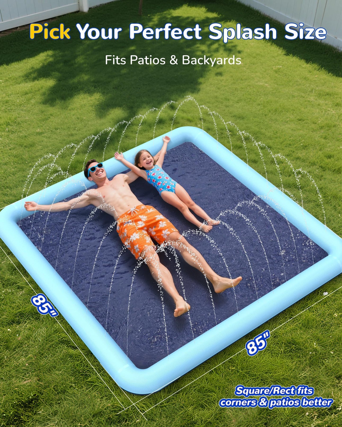 Square Splash Pad for Kids & Dogs, Non-Slip Sprinkler Water Play Mat for Kids, Reinforced Edge Outdoor Paddling Water Garden Toys Games for Kids, Pets, Beach & Backyard Summer Fun (79 inches)