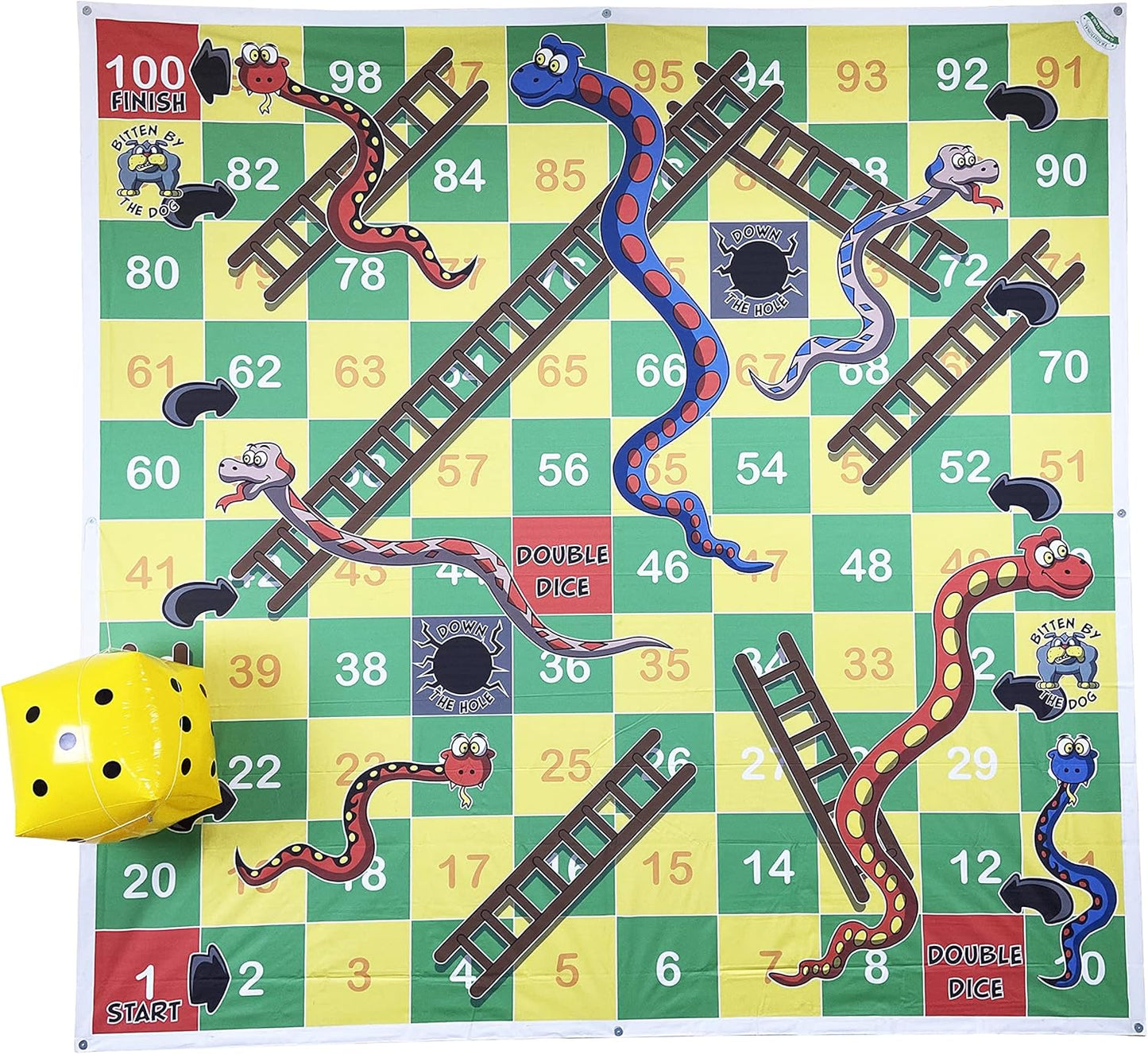 Giant Snakes and Ladders Outdoor Game – Life-Sized 3m x 3m (10ft x 10ft) Mat with Inflatable Dice – Family Fun for Kids & Adults, Includes Ground Pegs – Ideal for Garden Parties