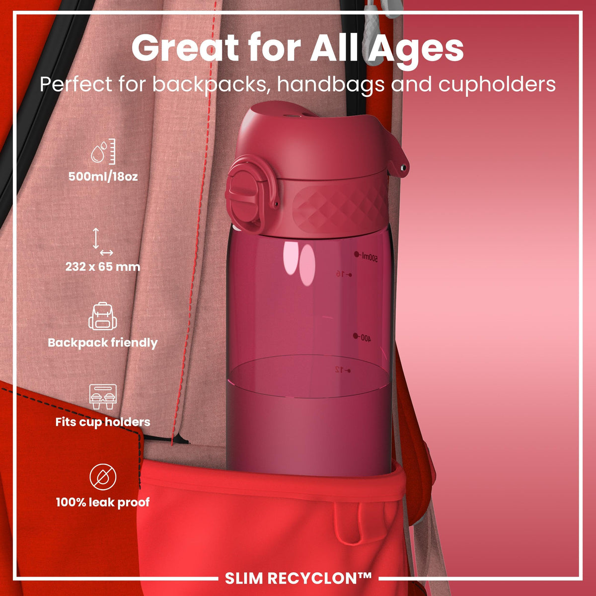 Ion8 Water Bottle, 500 ml/18 oz, Leak Proof, Easy to Open, Secure Lock, Dishwasher Safe, Hygienic Flip Cover, Carry Handle, Fits Cup Holders, Easy Clean, Hot Pink