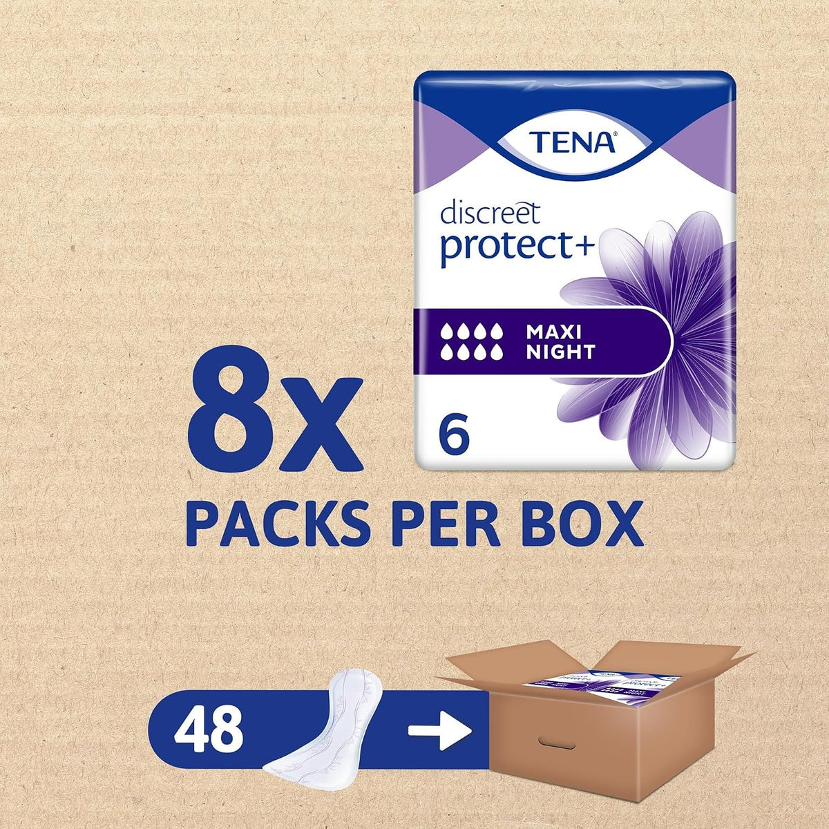 TENA Discreet Maxi Night, Incontinence Pads for Women, Specifically Designed for Night Time Protection with Wider Back and Extra Length, 48 Count (Pack of 8 x 6),packaging may vary