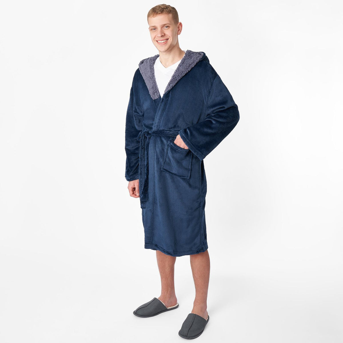 OHS Mens Dressing Gown Long Hooded Soft Flannel Fleece Sherpa Bathrobe Lounge