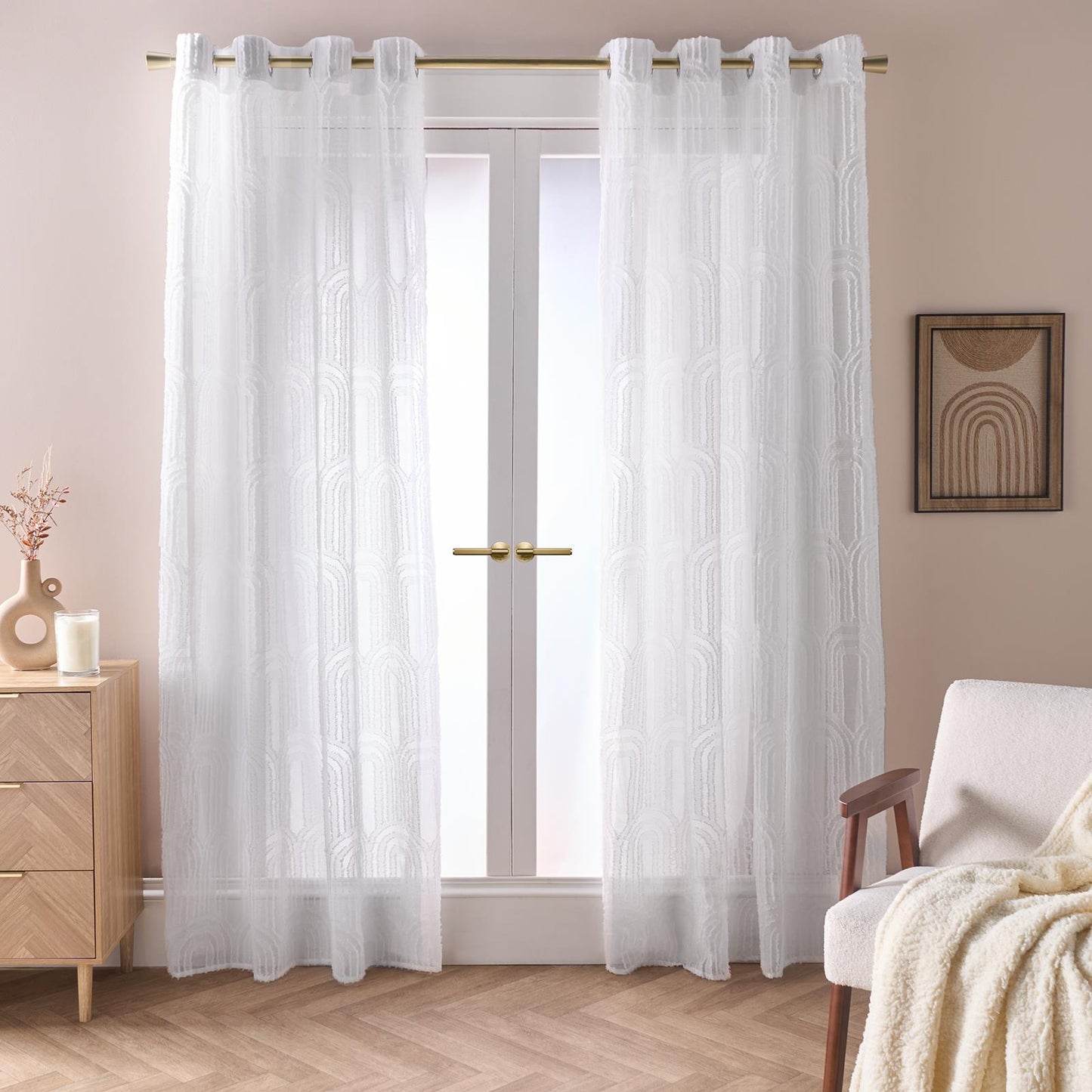 OHS Tufted Arches Voile Net Curtains Pair of 2 Window Panels Slot Top Set