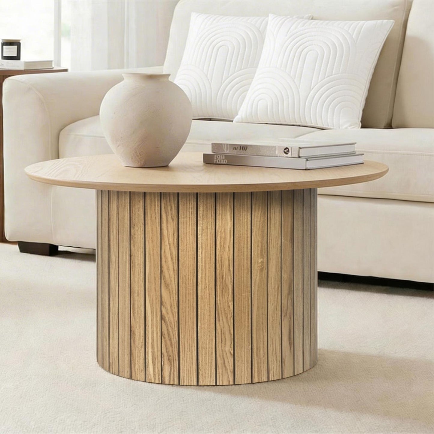 OHS Madison Coffee Table Ribbed MDF Round Living Room Home Decor